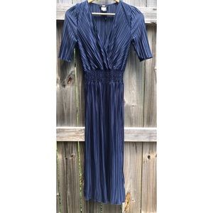 DKNY Short Sleeve Navy Blue Pleated Midi Dress